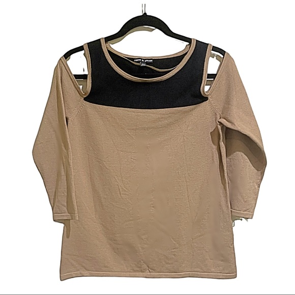 Cable & Gauge Sweater Cutout Of-the-shoulder Metallic Tan & Black Top Size M - Picture 3 of 6